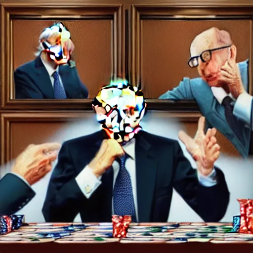 Prompt: UHD photorealistic Bill Gates playing poker with Klaus Schwab and Vladimir Putin, hyperrealistic, correct details, cosmic dynamic lighting, symmetrical faces, accurate faces, in the style of art nouveau