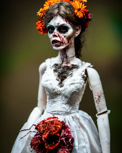 Prompt: a paper mache doll of a zombie bride, realistic, very detailed, complex, intricate, studio lighting, bokeh, sigma 5 0 mm f 1. 4