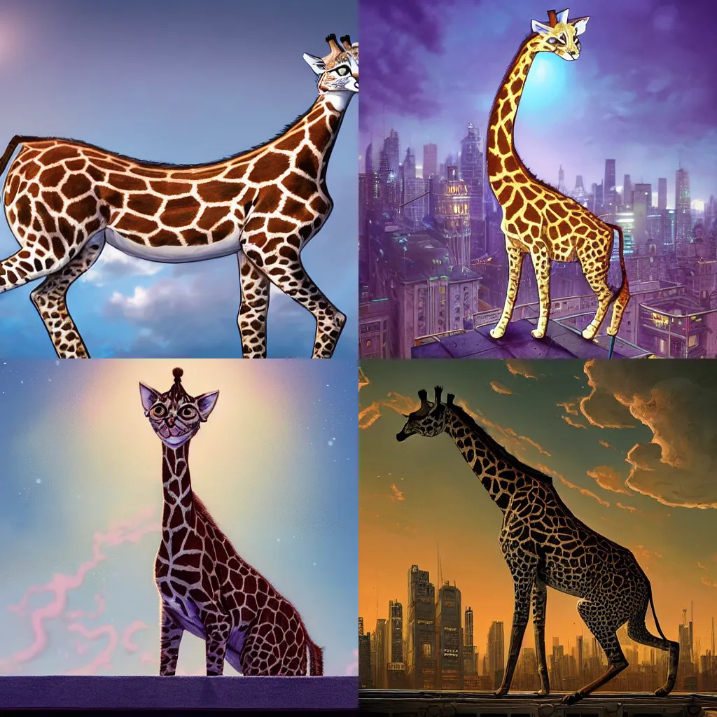 Prompt: a cat as giraffe standing on the rooftop, giraffe head, fantasy, illustration, intricate, epic lighting, cinematic composition, hyper realistic, 8 k resolution, by artgerm, tooth wu, dan mumford, beeple, wlop, rossdraws, james jean, andrei riabovitchev, marc simonetti, yoshitaka amano, artstation