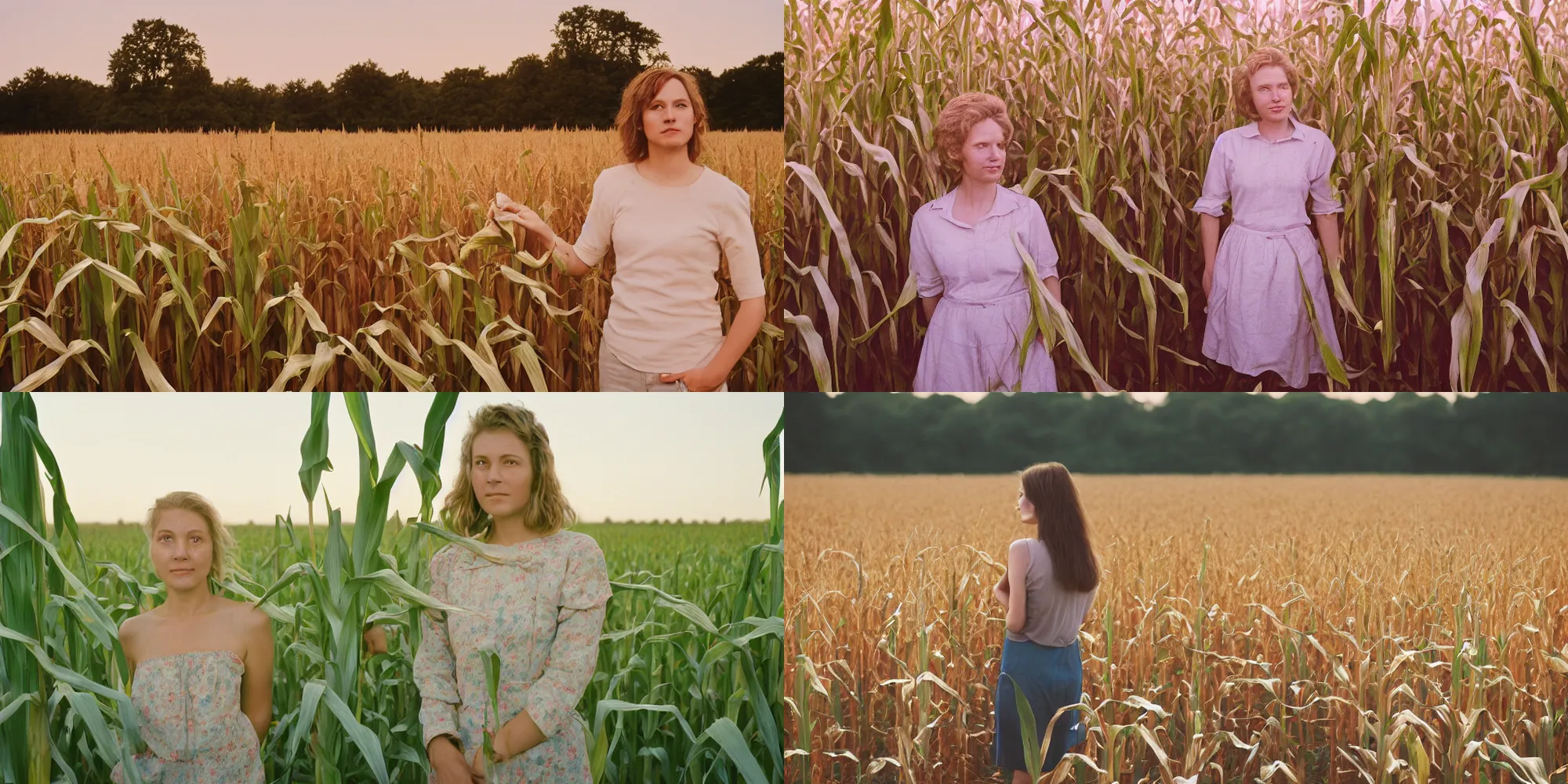 Prompt: photograph of a beautiful!!! woman! in a tall! corn field by mark owen. pastel colors. portra 4 0 0 film. mamiya 7. highly detailed. hq. photoreal. golden hour. raw. in - frame