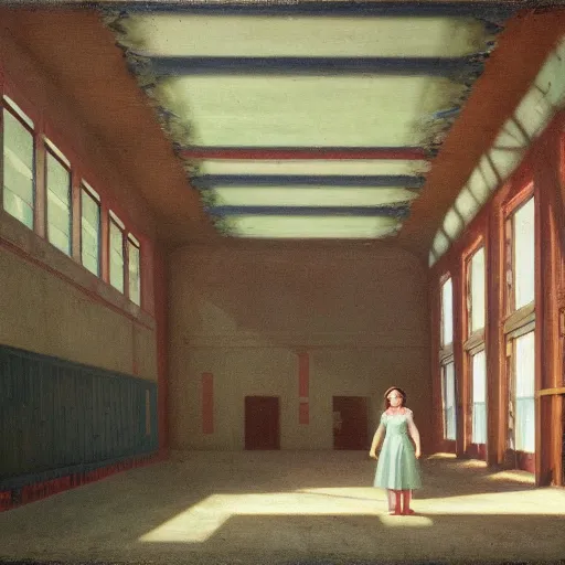 Prompt: a beautiful young girl in a soviet abandoned factory, daguerreotype by edward hopper, by henri rousseau, by Bosch, art noveau, highly detailed, strong lights, liminal, eerie, Bright pastel colors, octane render, 8k,