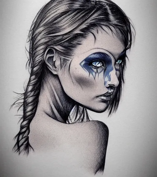 Image similar to tattoo design sketch of a beautiful blue - eyed woman face with a faded background of beautiful mountains and nature on her side, hyper - realistic, in the style of den yakovlev, amazing detail, black and white
