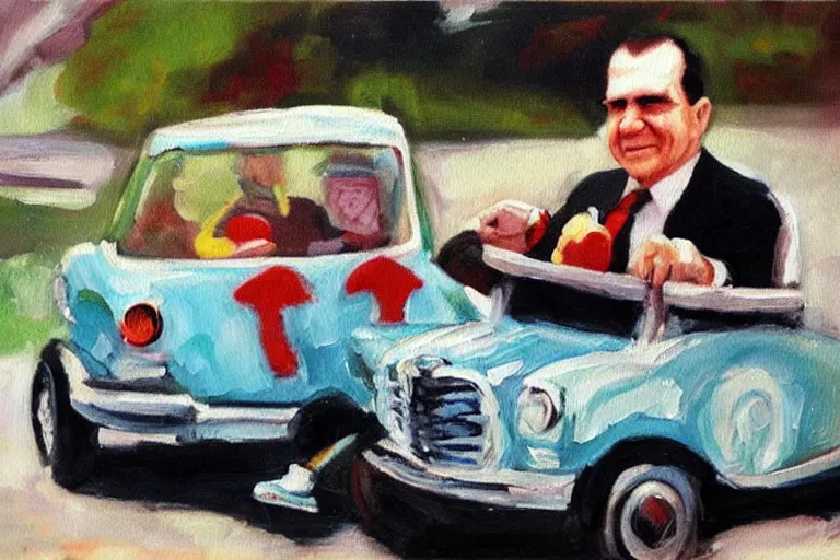 Image similar to “An oil painting of Richard Nixon driving a miniature clown car”