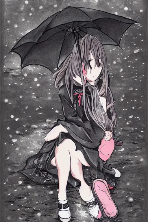 Image similar to A stern girl in Japanese maid's clothes and long stockings sits on the wet pavement in a parking lot in the rain at night. Dark anime drawing in gothic style.