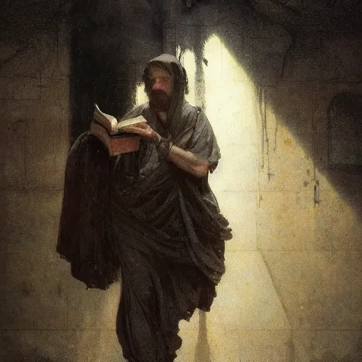 Image similar to half portait of magican wearing a closed cowl and big old book! chained to the wrist, jeremy mann, jean - leon gerome, tiepolo, alphonse mucha, greg rutkowski, face in the shadows, ( ( ruins of ancient rome ) ), at dusk, mysterious atmosphere, sunrays, dof, high detailed, 8 k