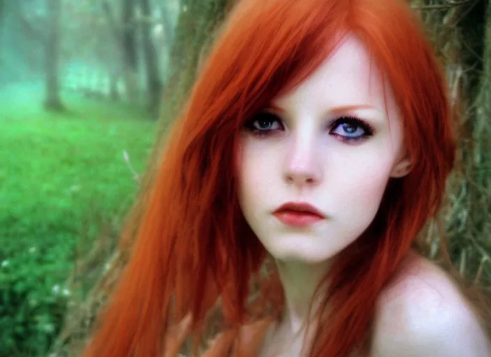Image similar to award winning 3 5 mm face close up portrait photo of a redhead in a park by luis royo
