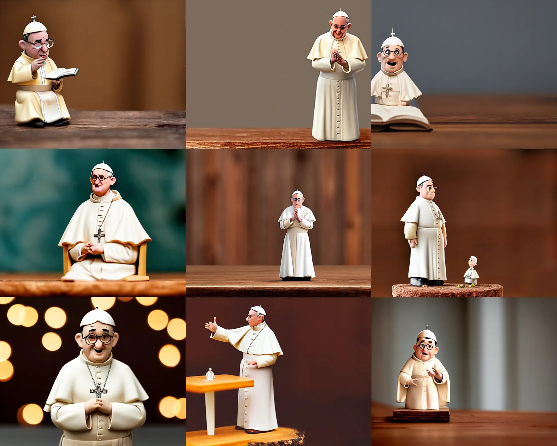 Prompt: the pope figurine by pixar sad bokeh on wooden table.