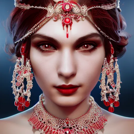 Image similar to photograph of wonderful princess with smooth fair skin, alluring eyes, red jewelry, breathtaking, elegant, ornate, intricate, hyper detailed, accent lighting, dramatic light, 4 k octane render