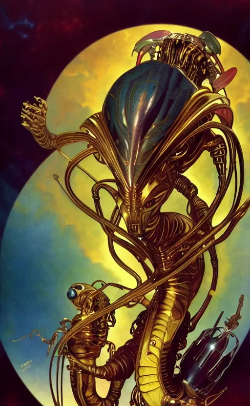 Image similar to exquisite imaginative alien creature poster art, gold, movie art, by lucusfilm, weta studio, alphonso mucha, james jean, frank frazetta, 8 k, denoised