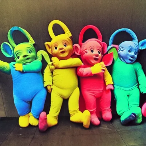 Prompt: really wrinkled old Teletubbies