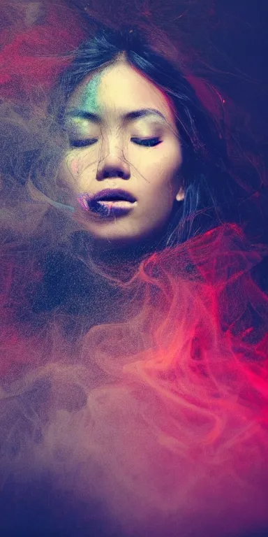 Image similar to dark background, light paint, candid!! long abstract paint portrait of a very very beautiful! young filipino woman with very narrow face, closed eyes and flowing long hair, swirling dreamy smoke and fog is coming from her mouth, face partially obscured, by conrad roset, abstract background, dramatic lighting, minimal art, trending on artstation