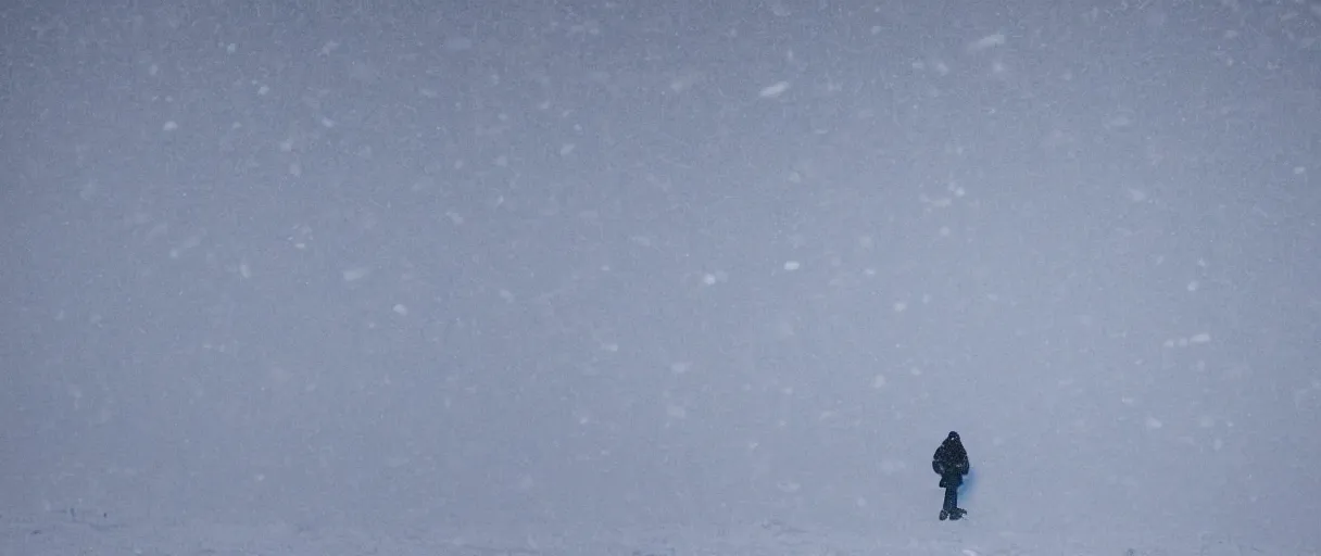 Image similar to a high quality color closeup hd 4 k film 3 5 mm photograph of very heavy snow blizzard in desolate antarctica, the faint barely visible silhouette of a bulky man is inside the blizzard