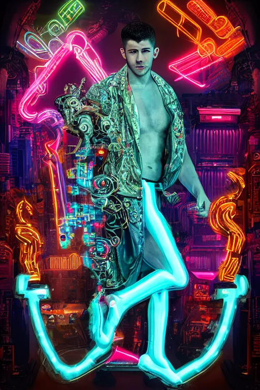 Prompt: full-body bladerunner neon rococo style sculpture of a handsome Spanish Nick Jonas as a half cibernetic android with a chest opening exposing circuitry and electric sparks, glowing laser beam eyes, crown of giant diamonds, flowing neon-colored silk, fabric, raptors. intricate artwork by caravaggio. Trending on artstation, industrial lighting , photorealistic, octane render, 8k, depth of field, 3D