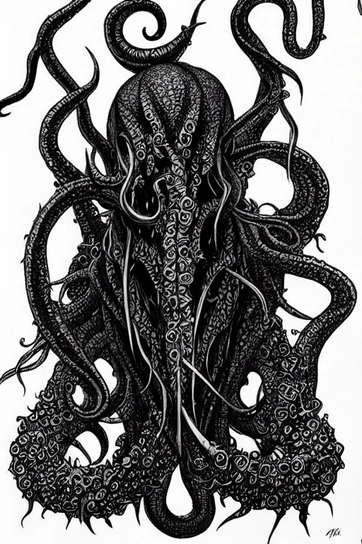 Image similar to black ink on paper, illithid cthulhu, trending on artstation, beautiful, intricate, detailed