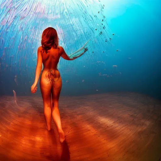 Image similar to masterpiece wide angle portrait of a beautiful woman swimming with jellyfish, dynamic lighting, colored, translucent, national geographic