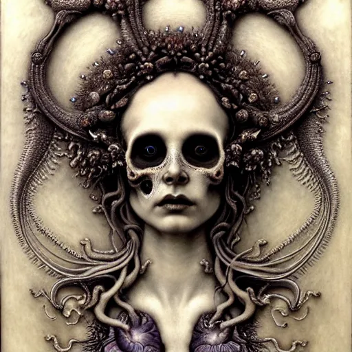 Prompt: detailed realistic porcelain beautiful calaveras death goddess face portrait by jean delville, gustave dore, iris van herpen and marco mazzoni, art forms of nature by ernst haeckel, art nouveau, symbolist, visionary, gothic, neo - gothic, pre - raphaelite, fractal lace, intricate alien botanical biodiversity, surreality, hyperdetailed ultrasharp octane render