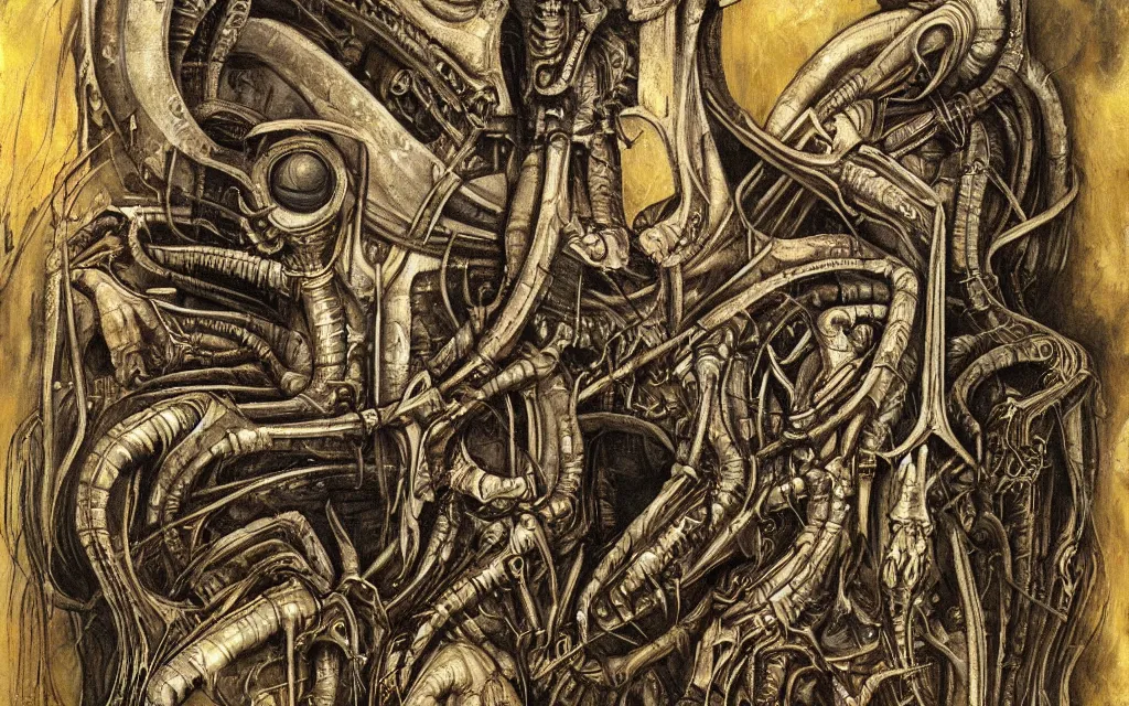 Prompt: a beautiful painting representative of the art style of h. r. giger