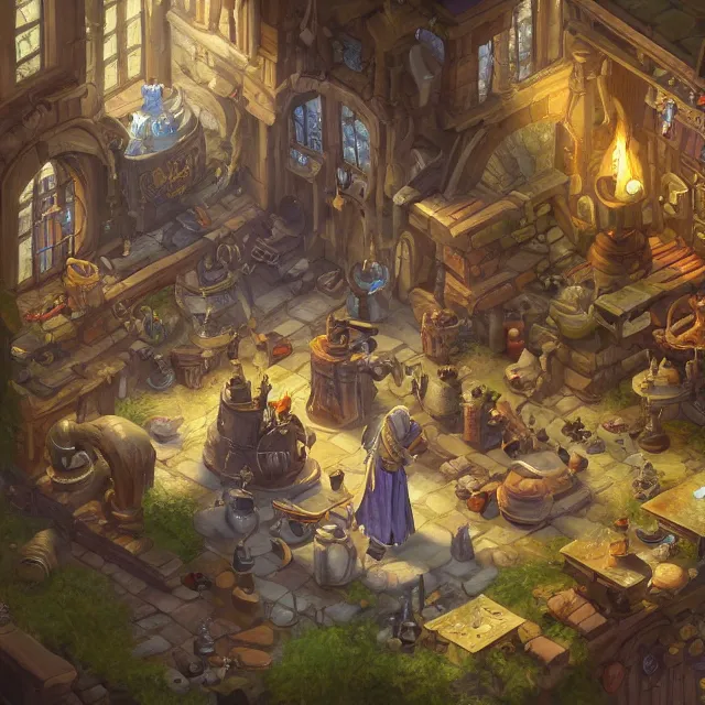 Image similar to a digital painting of a cluttered isometric fantasy medieval alchemist's laboratory by justin gerard, paul bonner, highly detailed, volumetric lighting, digital art, isometric, artstation hd