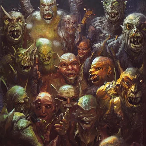 Image similar to Oil painting of a group of goblins, portrait, D&D, Magic The Gathering, by Craig Mullins, Nekro, Victo Ngai, centered, symmetrical, volumetric lighting