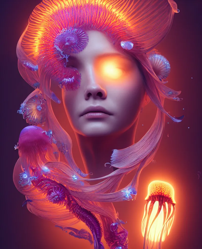 Image similar to goddess close-up portrait. orchid jellyfish phoenix head, nautilus, skull, betta fish, bioluminiscent creatures, intricate artwork by Tooth Wu and wlop and beeple. octane render, trending on artstation, greg rutkowski very coherent symmetrical artwork. cinematic, hyper realism, high detail, octane render, 8k