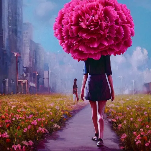 Image similar to giant carnation flower head, woman walking in a modern city, surreal photography, dramatic light, impressionist painting, digital painting, artstation, simon stalenhag