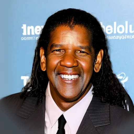 Prompt: Denzel Washington without teeth smiles with long hair