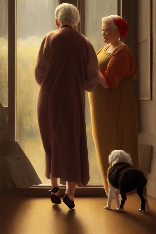 Prompt: A Midget Dog With Pete Davidson’s Face Being Walked By Kim Kardashian As An Old Lady illustration, soft lighting, soft details, painting oil on canvas by Edmund Blair Leighton and Charlie Bowater octane render, HDR, trending on artstation, 4k, 8k, HD