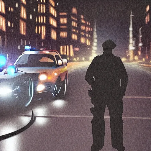 Prompt: a police officer pulling me over in a dark street, detailed, realistic