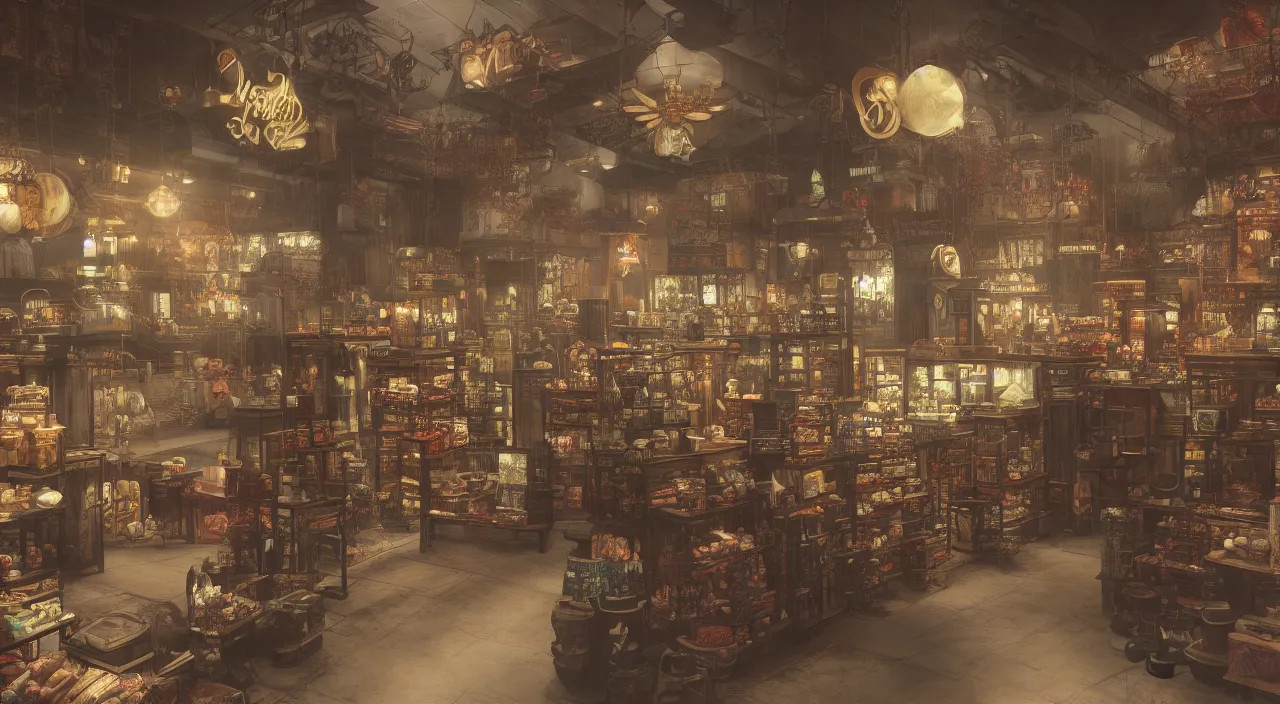 Prompt: A hyper realistic matte painting of interior of a new vegas style shop with a shady shopkeeper, vibrant, 4k, artstation, cgsociety