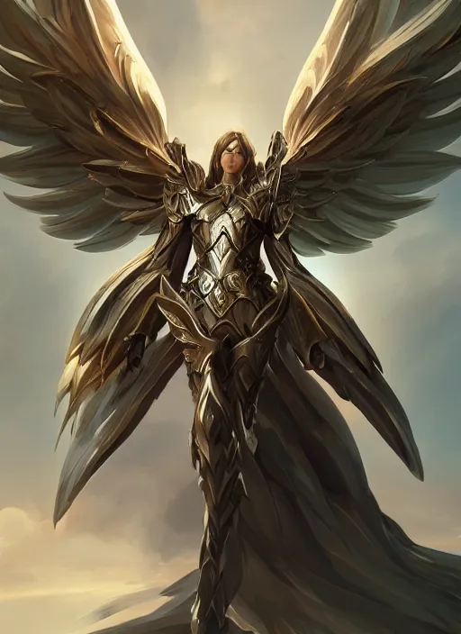 Image similar to a highly detailed illustration of winged divine armored angel, ominous floating pose, intricate, elegant, highly detailed, centered, digital painting, artstation, concept art, smooth, sharp focus, league of legends concept art, wlop.