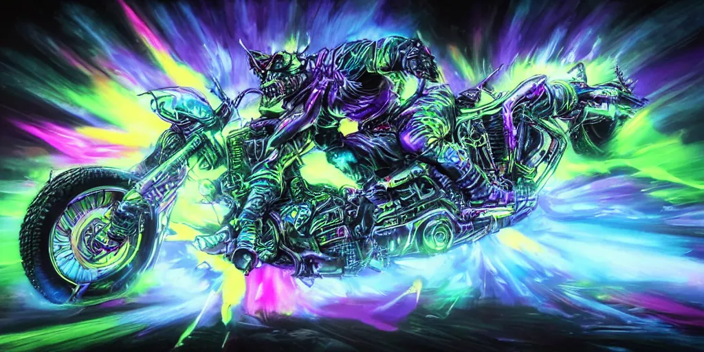 Image similar to psychedelic blacklight neon airbrush artwork, motorcycle, hyper stylized action shot of an orc popping a wheelie on a motorcycle, menacing orc, clear focused details, soft airbrushed artwork, black background, apocalyptic, cgsociety, artstation, peter lloyd art, peter palombi art