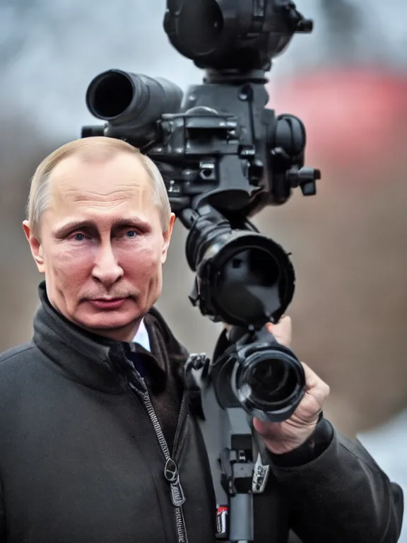 Image similar to 4K HD, high detail photograph, shot with Sigma f/ 4.2 , 250 mm sharp lens, shallow depth of field : (subject= evil looking Vladimir Putin holding a bazooka + subject detail= accurate body features, consistent, high detailed light refraction , high level texture render)
