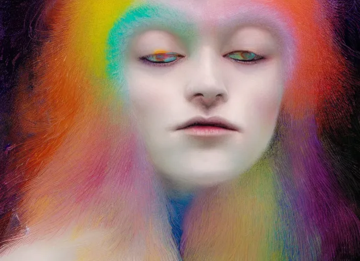 Prompt: portrait of woman with rainbow face in white fur coat, cynical realism, peter furguson painterly, yoshitaka amano, miles johnston, moebius, beautiful lighting, miles johnston, klimt, tendrils, in the style of, louise zhang, victor charreton, james jean, two figures, terrence malick