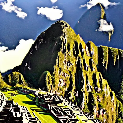 Prompt: an ancient Aztec strategic bomber flies low over Maccu Picchu, realistic digital photo, South American mountains, aircraft made of stone