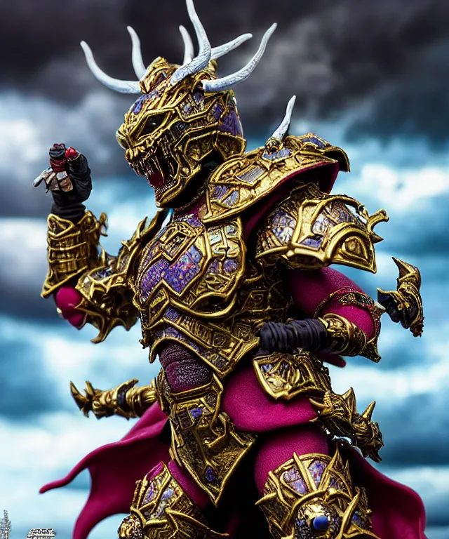 Image similar to hyperrealistic rendering, epic ornate supreme demon overlord, jewel crown, war armor battle, by art of skinner and richard corben, product photography, collectible action figure, sofubi, hottoys, storm clouds, outside, lightning