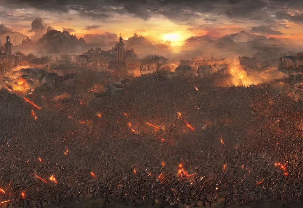 Image similar to rome total war 2 epic battle, hyper detailed, sunset, trending on artstation