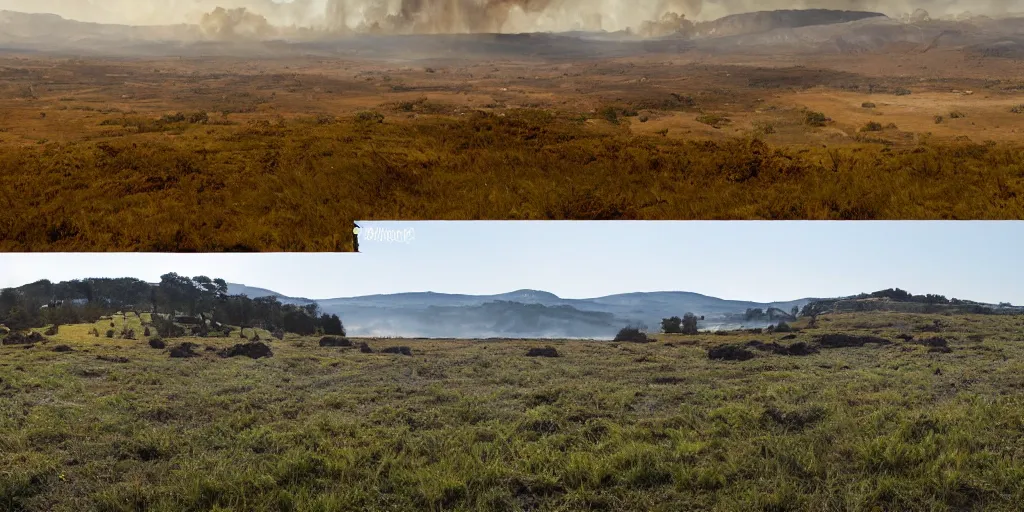 Image similar to two completly different landscapes divided exaclty in the horizontal middle by a mysterious force, one landscape on the left with a lot of fire and burned ground and no life and burning sky and on the right the completly opposite landscape with a lot flora and fauna and trees and blue sky and green ground with lots of gras and animals, hyperrealistic, high quality, 4k, ultra detailed