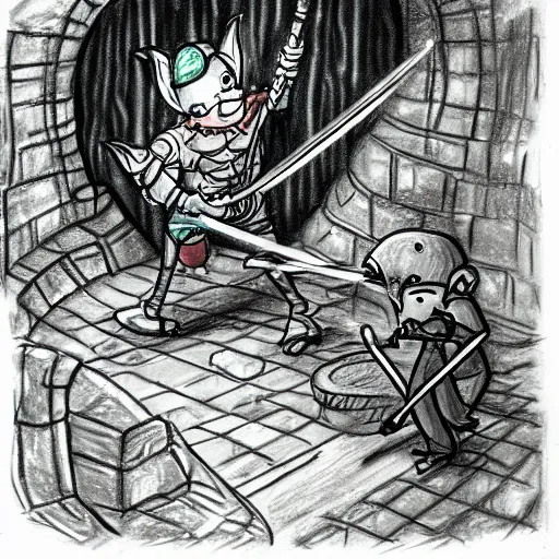 Prompt: A drawing of man with a rapier fighting a goblin in a damp sewer. Dark Fantasy. DeviantArt.