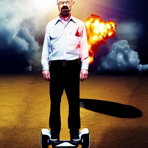 Prompt: Walter White from Breaking Bad (2008) standing on a hoverboard with an exploding building behind him, HDR, 8k,