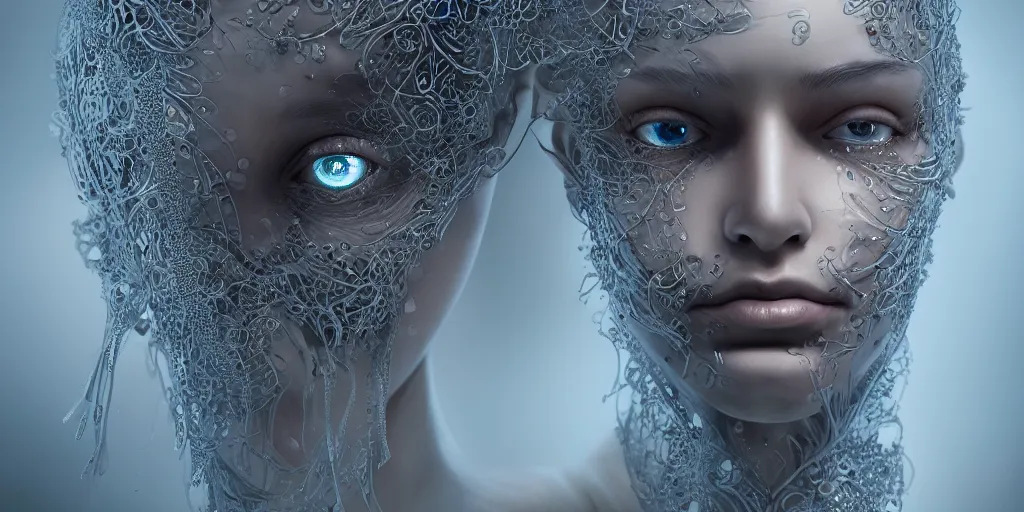 Image similar to realistic photography of a beautiful cyborg androgynous humanoid, holding close, in liquid, intricate filigree, in the style of beth cavener, jin kagetsu, wlop, highly detailed, symmetry, masterpiece, concept art, ringflash, highkey lighting, ambient lighting, octane render, 8 k, artstation