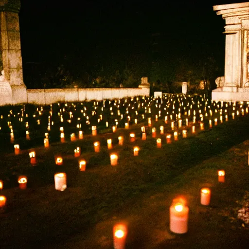 Image similar to film photography film photography of a cemetary in Mexico City, at night, lit with candles, Leica M6, cinestill 800, Noctilux 50mm