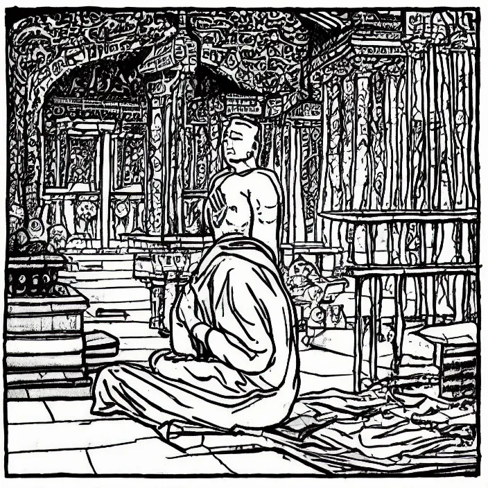 Prompt: a still frame from comic strip a person praying in the temple 1 9 9 0, new yorker illustration, monochrome contrast bw, lineart, manga, simplified