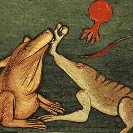 Image similar to wolf fights frog, medieval painting,