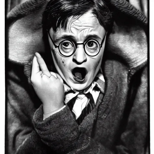 Prompt: a photo of a old harry potter crying, photo by george hurrell