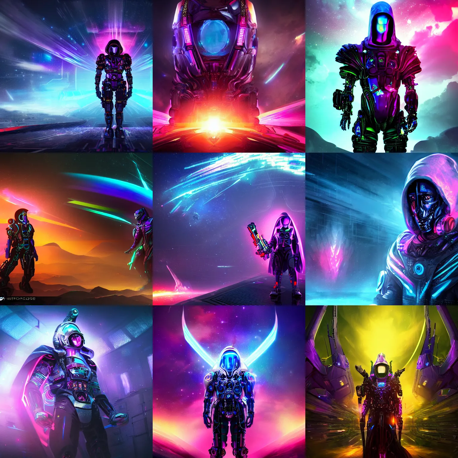 Prompt: Epic space scene featuring the iridescent warrior hooded partially cybernetic entity god of future technology wielding cosmic weaponry, colorful, vibrant, dark and moody, ominous and intense, detailed, concept art, render, unreal engine, 4K, artstation