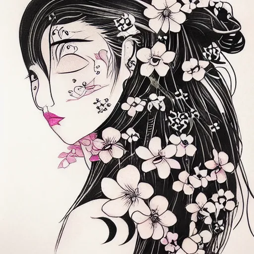 Image similar to tattoo design, stencil, traditional Japanese, beautiful portrait of a girl surrounded by flowers by artgerm, artgerm, digital art