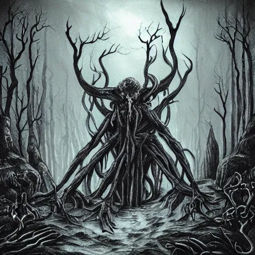 Prompt: evil forest, black metal, Lovecraft