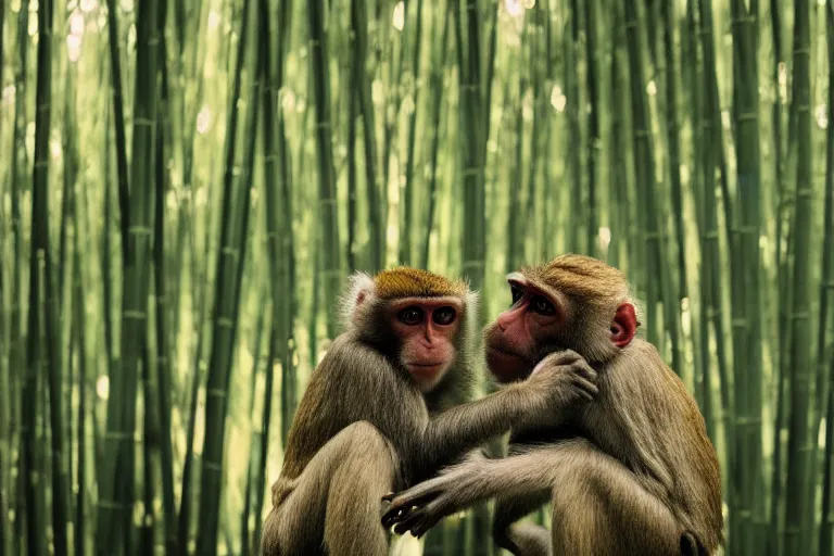 Prompt: cinematography closeup portrait of monkeys dancing in a bamboo forest, natural light by Emmanuel Lubezki