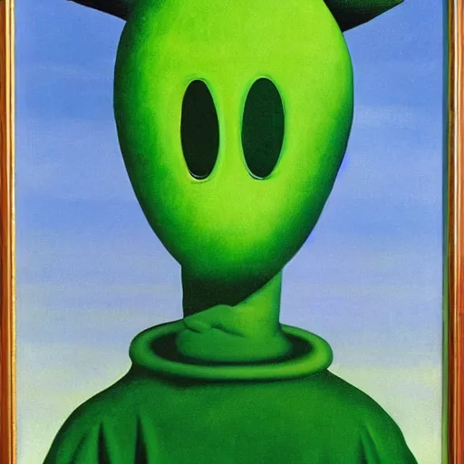 Prompt: a surrealist painting of the green teletubbie, rene magritte