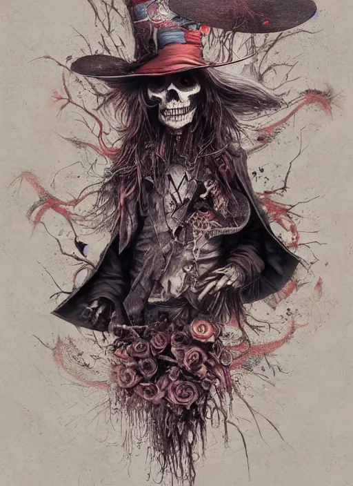 Image similar to Mad hatter,guitar,death tarot card,highly detailed,half skull face,cinematic,8k,by Stanley Artgermm,Tom Bagshaw,Greg Rutkowski,Carne Griffiths, Ayami Kojima, Beksinski, Giger,trending on DeviantArt,hyper detailed,horror, full of colour